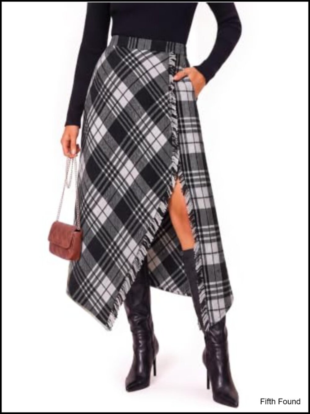 Plaid Midi Skirt High Waist Asymmetrical Hem Wrap Slit A-Line